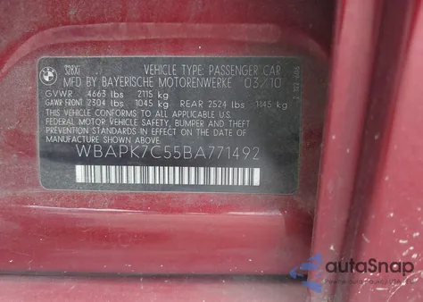 2011 BMW 328I xDrive from USA, damaged, VIN WBAPK7C55BA771492